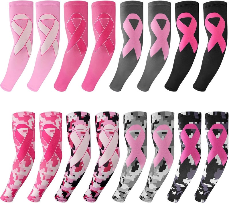Bigmeta 8 Pairs Breast Cancer Awareness Sleeves - Sports Compression Arm Sleeves with Ribbon, UV Protection Sleeves, S/M/L - Image 1